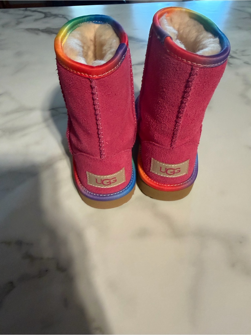 UGG Kids Pink Suede Boots with Rainbow Trim
